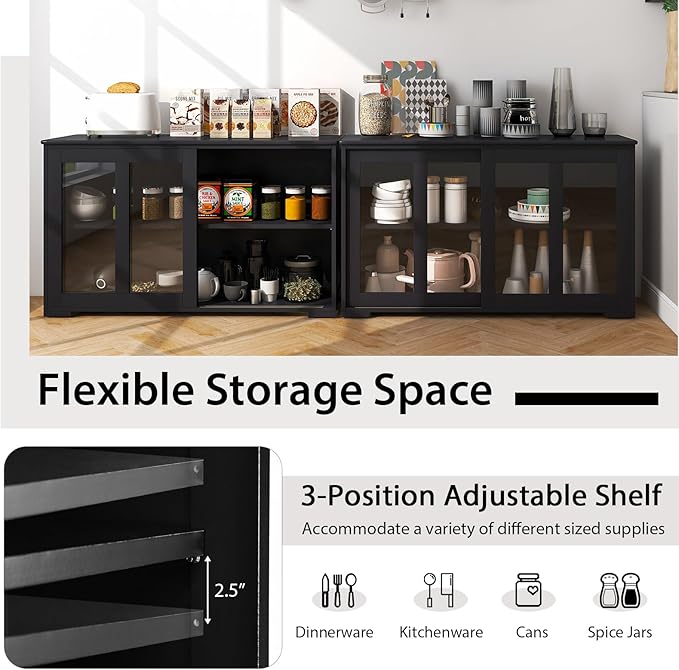 Byroce Sideboard Buffet Cabinet, Stackable Storage Coffee Bar Cabinet with Adjustable Shelf & Glass Sliding Doors, Wood Cupboard Credenza Console Table for Kitchen Dining Living Room (2, Black)