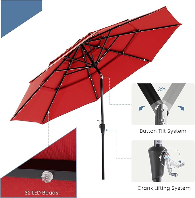DUMOS 10FT 3-Tier Outdoor Patio Umbrella with 32 LED Lights & Crank, 8 Sturdy Ribs Table Umbrella for Pool, Market, Terrace, Beach and Outdoor Restaurant, Scarlet