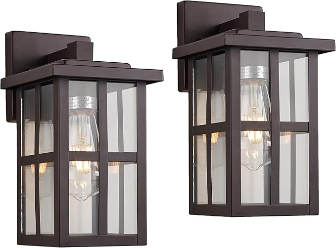 MICSIU 2-Pack Bronze Outdoor Wall Light Fixtures, 11" Modern Farmhouse Exterior Wall Mount Lantern with Clear Glass, Anti-Rust Square Sconce for House Porch Garage, Oil Rubbed Bronze