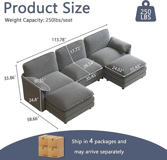 114" U Shaped Cloud Couch Sectionals Comfy Grey Sectional Couches for Living Room Modern Fluffy Oversized Modular Sofas with Ottoman, Chenille Large Big 5 Seat Sofa Set
