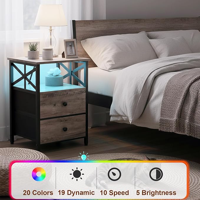 AMHANCIBLE Night Stand Set of 2 with Charging Station and LED Lights, Large 2-Drawer Bedside Tables with USB Ports and AC Outlets, Modern Nightstand for Bedroom, Grey, HET052LGY
