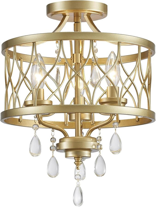 Farmhouse Crystal Ceiling Light Fixture, 3-Light Semi Flush Mount Crystal Chandelier Light Fixture Rustic Vintage Gold Pendant Ceiling Lamp for Hallway Corridor Kitchen Entryway Bedroom Living Room