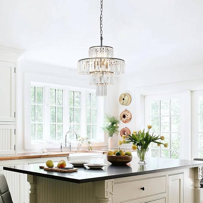 Black Crystal Chandelier, 7-Light 4 Tiers 19.68" Crystal Light, Adjustable Hanging Metal Ceiling Lighting Fixture, Modern Foyer Dining Room Chandeliers for Bedroom,Hallway,Kitchen