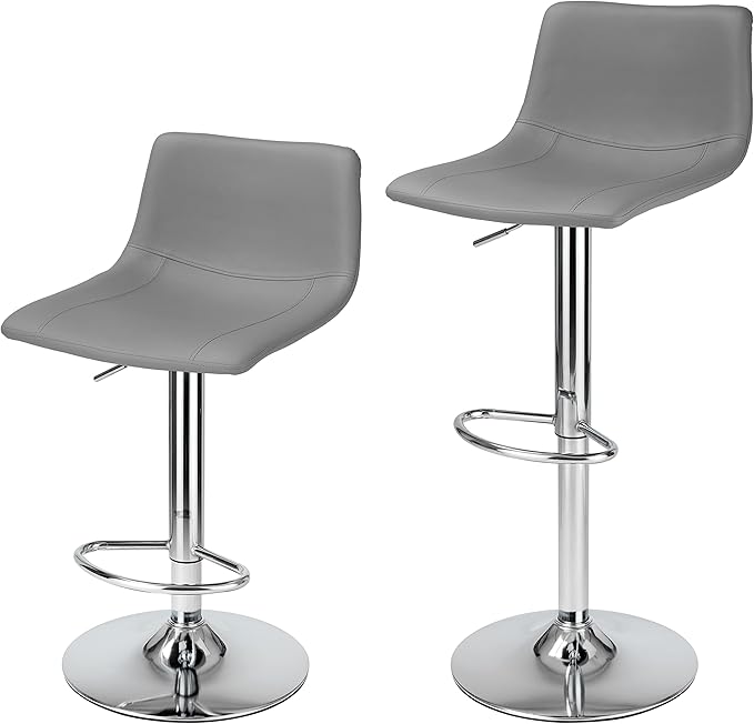 Finnhomy Bar Stools Modern PU Leather, Bar Stools Set of 2 Counter Height, Swivel Barstools with Footrest and L Shape Back, Height Adjustable Modern Bar Chairs for Kitchen, Grey