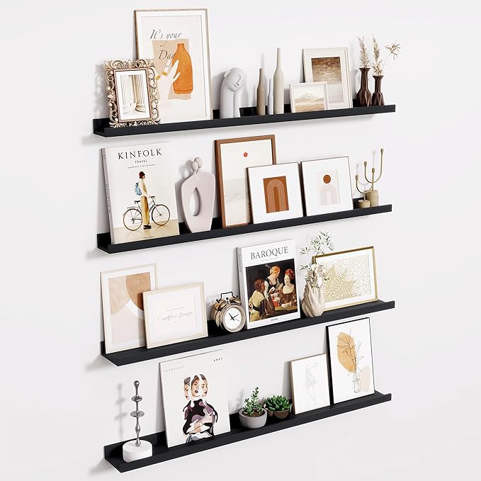 Fun Memories 40 Inch Floating Shelves for Wall - Wall Shelves with Lip Set of 4 - Nursery Bookshelf for Storage - Picture Ledge Shelf for Bedroom - Living Room - Kitchen - Black Color