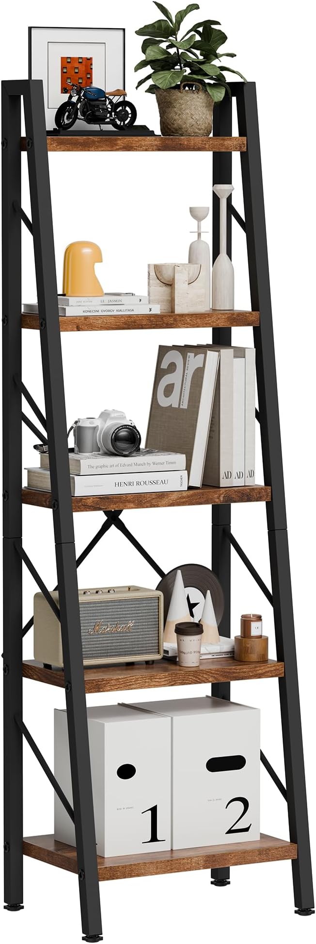 Shintenchi 5 Tier Ladder Shelf, Freestanding Corner Storage Shelves with Adjustable Feet and Anti-Falling Kit, Industrial Bookcase for Living Room, Bedroom, and Home Office, Rustic Brown