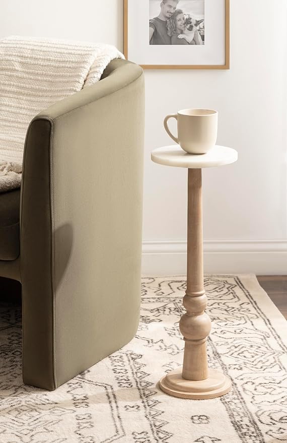 Kate and Laurel Wegner Transitional Wood and Marble Round Drink Table; 8 x 8 x 23; White Marble and Light Natural Wood; Modern Pedestal Table for Use as Indoor Plant Stand or Decorative Mini Table