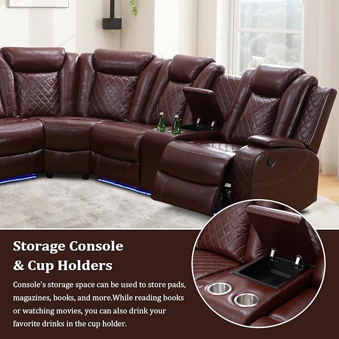 Power Reclinier Sectional Sofa Set,Brown Red Leather Reclining Sectional Modular Sofa with Loveseat,L Shaped Leather Couch with LED Light for Living Room/House/Apartment/Lounge(L+Loveseat)