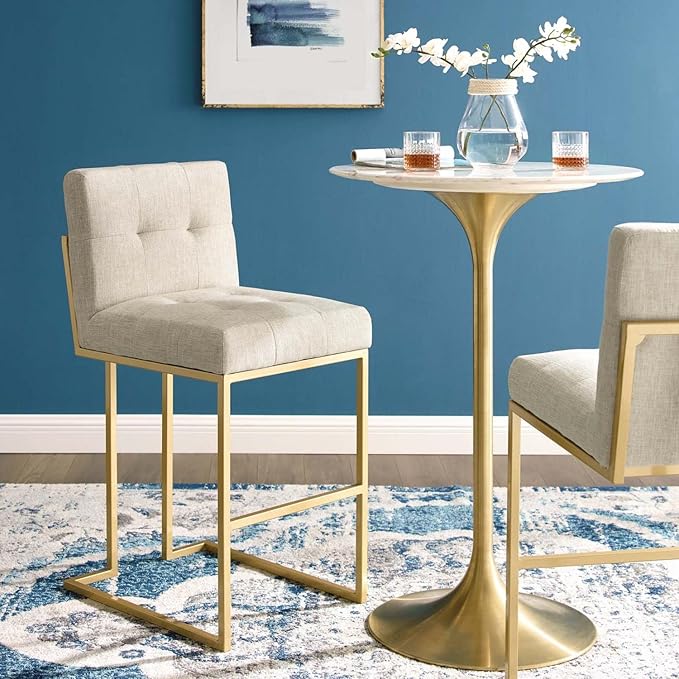 Modway Privy Stainless Steel Upholstered Fabric Bar Stool, Gold Beige