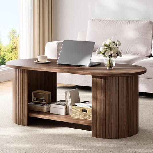 Oval Fluted Coffee Table, 2-Tier Center Table with Large Storage, Mid-Century Modern Wood Coffees Table for Living Room, Home Office, Small Space, Walnut