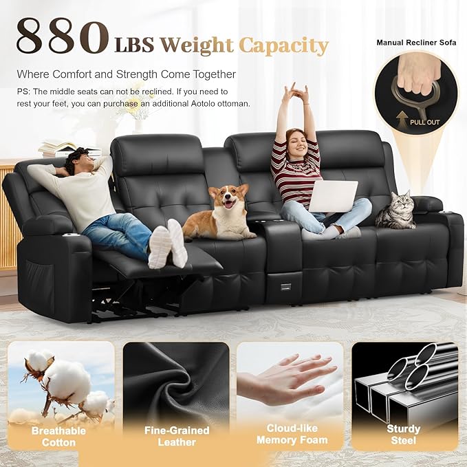 Recliner Sofa, 4 Seater Massage Reclining Loveseat Sofa Sets, 1 Single Power Recliner Chairs Heat & Massage, Heavy Weight Capacity, RV Clearance Love Seat Couch with Console, USB, Type C Port