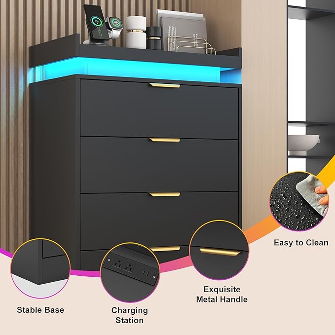 Black Dresser with LED Lights, Wooden LED Dresser, 4 Drawer Chest with Charging Station, Tall Chest of Drawer Closet Organizer for Bedroom, Living Room, Entryway, Hallway