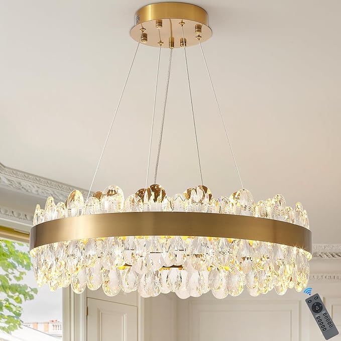 Modern Crystal Chandelier Gold LED Chandeliers 23’’ Round Pendant Light Fixture Dimmable Flush Mount Chandelier for Dining Room Foyer Kitchen, UL Listed