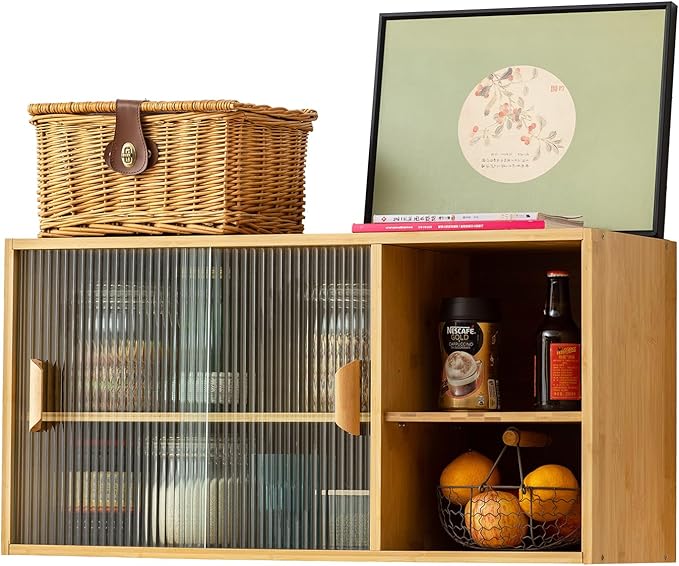 Tiita Small Kitchen Pantry Cabinet, Bamboo Wall Sideboard with Glass Doors, Cupboard Food Pantry Cabinet for Kitchen, Living Room and Dinning Bedroom