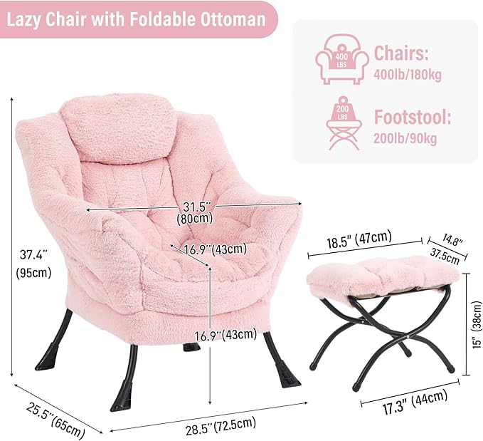 Lazy Chair with Ottoman, Modern Chair with Folding Footrest, Plush Pink Accent Chair, Comfortable Reading Chair, Oversized Armchairs for Bedroom, Study, Living Room, Courtyard