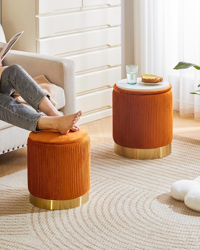 IBUYKE Round Storage Ottoman Set of 2 Ottoman for Dorm Vanity Stool with Storage Velvet FootStools End Table Boucle Ottoman for Home Organization Orange UWBD016J