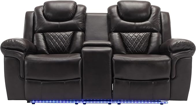 ERYE 73-Inch Oversized Manual Reclining Sofa with LED Strip and Cupholders for Living Room Home Theater, Multifunctional Faux Leather Loveseat Manual Recliner Couches | Storage Console, Cup Holder, LED Light Strips