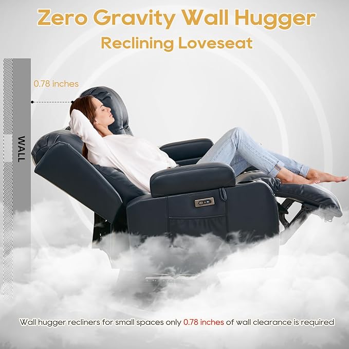 IPKIG Power Recliner Sofa with Flip-Up Backrest Console, USB & USB-C Ports, AC Outlet, LED Lights, Wall Hugger Recliners for Living Room, RV (Dark Blue, 89" - 4 Seat) | Breathable Leather, Zero Gravity, Dual Reclining, 2 Lumabr Pillow, Bluetooth Speakers