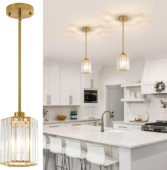 2 Pack Crystal Pendant Lights, Brushed Gold Kitchen Hanging Pendant Light Fixtures, Modern Hexagonal Crystal Pendant Lighting for Kitchen Island, Dining Room, Hallway, Foyer, Entryways