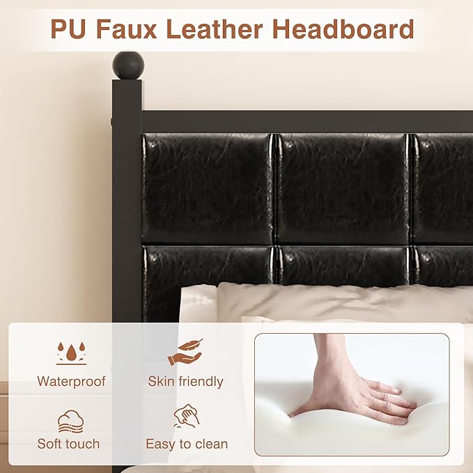 VECELO Twin Metal Bed Frame, Faux PU Leather Platform Beds with Upholstered Headboard and Footboard, Strong Slats Support, 12" Underbed Storage, Noise-Free, No Boxing Spring Needed, PU Black