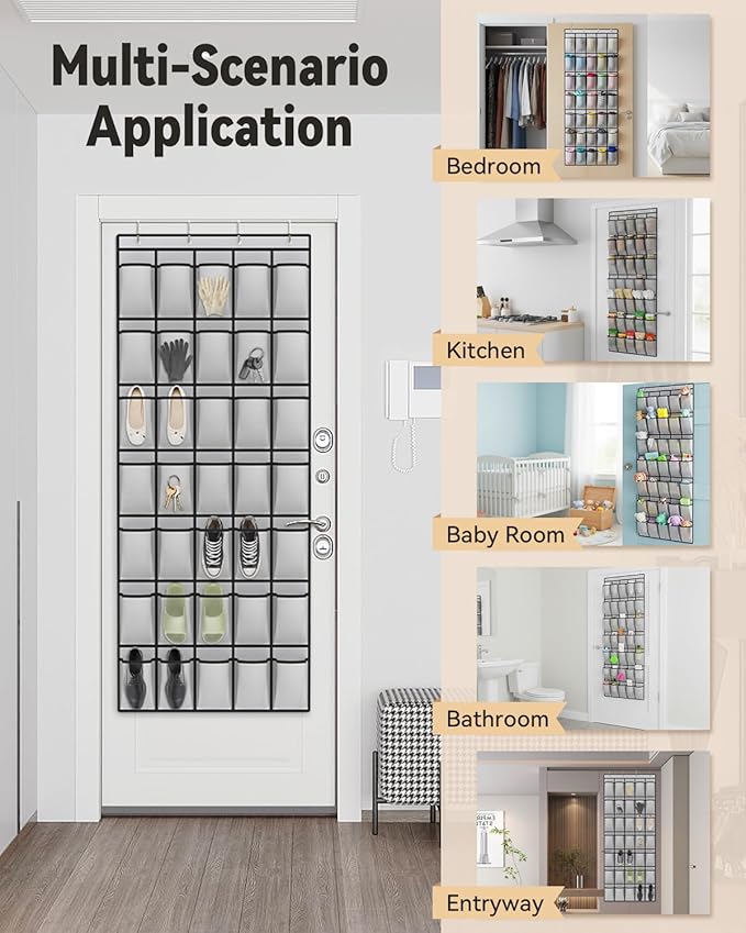 dodowin Over the Door Shoe Organizer Rack, 35 Large Breathable Mesh Pockets, Foldable Hanging Storage Holder for Closet Door, Space Saving Shoe & Accessory Organizer with 4 Metal Hooks, Gray