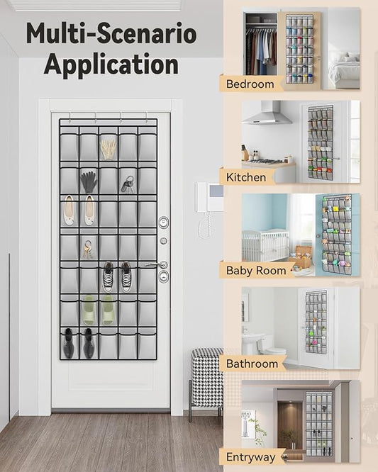 dodowin Over the Door Shoe Organizers, 2 Pack (1 Black & 1 Grey) -35 Deep Mesh Pockets Each, Over The Door Shoe Rack, Space Saving Hanging Storage Holder for Closets, Shoes & Accessories