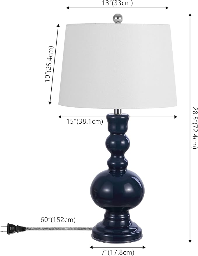 JONATHAN Y 28.5" Navy Glass Table Lamp Set of 2 for Living Room Bedroom Decor, Modern Bedside Lamps with White Linen Shade, LED Bulbs Included (JYL1061E-SET2)