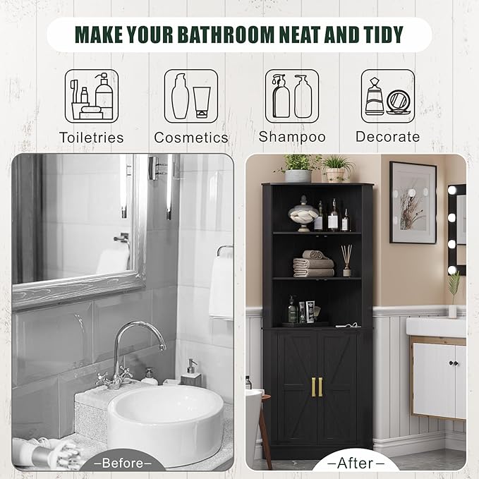 Farmhouse Corner Cabinet with LED Light, 67" Tall Bathroom Cabinet with 2 Doors and 3 Tier Shelves, Free Standing Corner Storage Cabinet for Living Room or Kitchen, Black