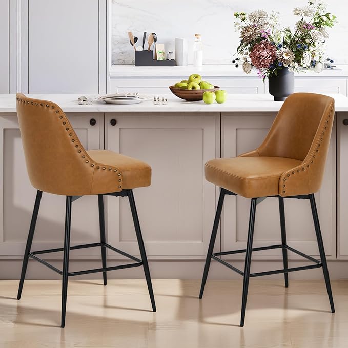 Bar Stools Set of 2, 26" Swivel Counter Height Chairs with Back,Thick Padded Seat & Footrest,Modern Faux Leather Barstool for Kitchen Island,Dining Room,Pub,Brown