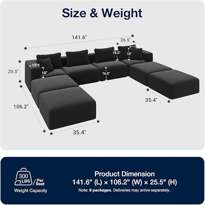 Avenco 141” U-Shaped Modular Sectional Couch Sofa with 4 Ottomans, Individually Wrapped Coil Support & Corduroy Fabric, Zero Assembly 8-Piece Set for Spacious Living Room, Black