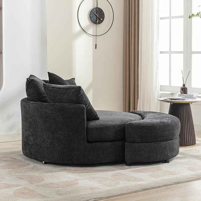 ERYE Oversized Round Accent Barrel Chair with Storage Ottoman and 360 Swivel Base, Modern Chenille Upholstered Leisure Recliner Armchair for Living Room Bedroom