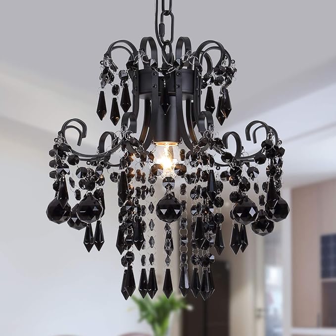 Q&S Mini Crystal Chandelier, Modern Black Small Chandelier 1-Light Crystal Pendant Light Fixture for Princess House Nursery Girls Hallway Entryway Bedroom Foyer Bathroom Kitchen W11.8 UL Listed