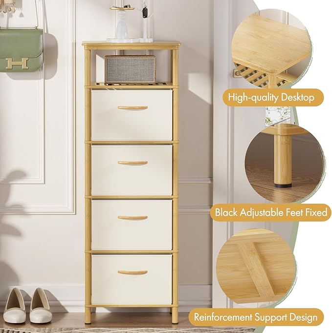Bamboo Tall Skinny Dresser, Small Space Storage Narrow Dresser, 4 Large Water-Resistant Fabric Drawers, Small Dressers, for Bedrooms, Living Rooms, Hallways