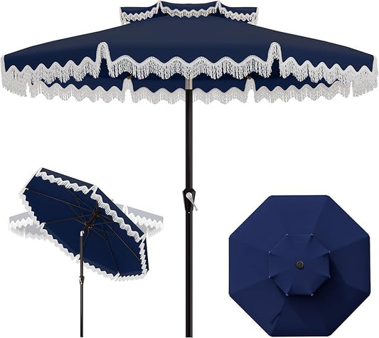 AreShark 9FT Patio Umbrella with Fringe, Wind-Resistant Fiberglass 8 Ribs Tassel Outdoor Umbrella with Crank and Push Button Tilt, Double Tier Vent Sun Shade for Pool, Deck, Backyard, Navy