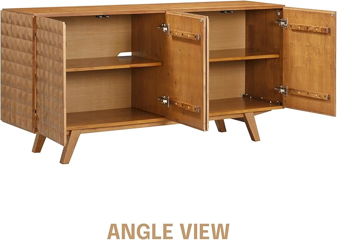 NTC Sapa Mid-Century Modern Solid Wood Sideboard – 4-Door Accent Buffet Cabinet with Carved Geometric Fronts, for Living Room, or Entryway, Effortless Assembly, Teak Look