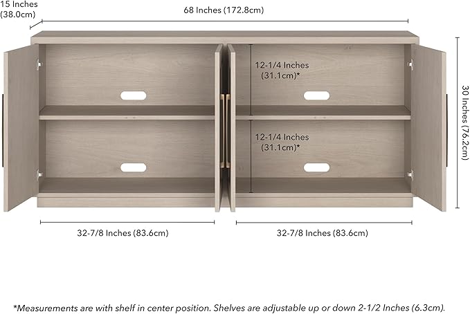 Henn&Hart 68" Sideboard Buffet Cabinet, Modern Credenza with 4 Panel Doors, Adjustable Shelves, and Cable Management Cut-Outs for Dining Room, Kitchen, Living Room or Entryway, Beech White