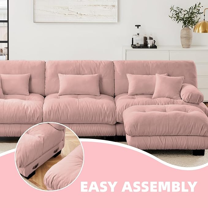 133.8" L-Shaped Cloud Couch, Oversized Modular Sectional Sofa, Deep Seat Cloud Boneless Couch, 3-Seat Modular Sectional Sofa with Ottoman or Living Room,Bedroom and Apartment, Pink