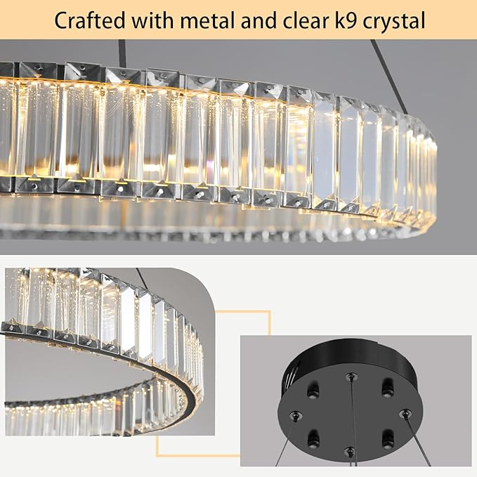 24'' Modern Ring Chandelier Crystal Chandeliers for Dining Room Round LED Dimmable Ceiling Light Fixture for Living Room Bedroom Lighting Black