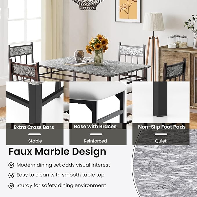 NAFORT 5 Piece Dining Table Set for 4, Faux Marble Kitchen Table and Chairs Set of 4, Vintage Rectangular Dining Room Table with Cushion Padded Seat, Metal and Wood Dining Set Kitchen Furniture, Grey