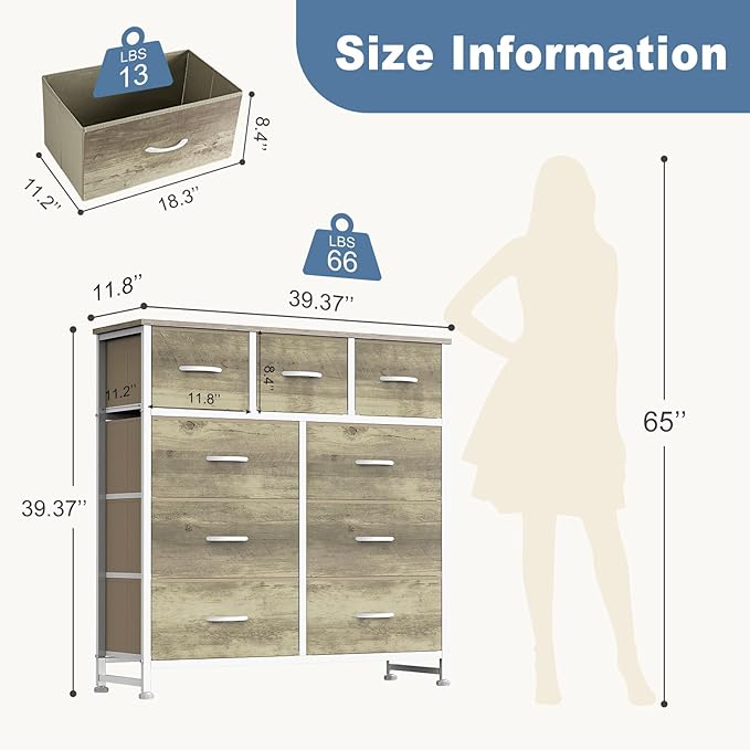 DUMOS 9 Drawer Dresser for Bedroom, Fabric Storage Organizer with Sturdy Metal Frame, Wooden Top Chest of Drawers for Closet Entryway Guest Room,Gold