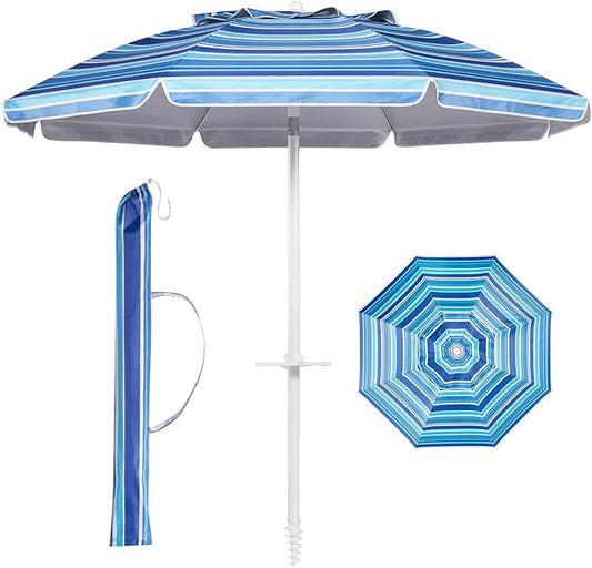 Aoxun Beach Umbrella with Tilt Pole, Portable Sand Anchor and Carry Bag, UPF 50+ Sun Shelter Air Vents Design for Outdoor (Navy Blue & White), 7ft