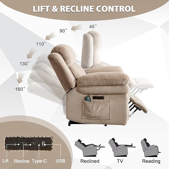 CANMOV 46" Wide Oversized Power Lift Recliner Chair for Elderly, Extra Large Electric Lift Recliners for Big and Tall, Power Recliner Chair with Massage&Heating, USB and Type-C Ports, Light Brown