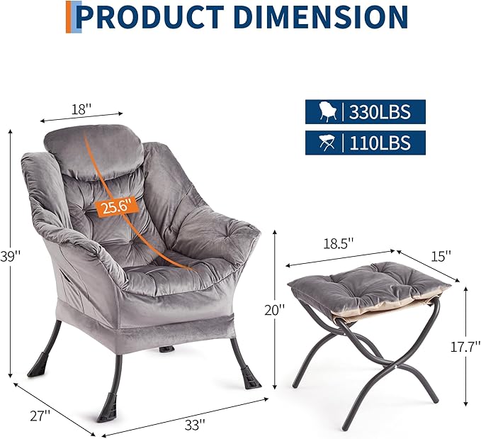 GarveeHome Lazy Chair with Ottoman, Modern Lounge Accent Chair, Leisure Sofa Armchair with Footrest, Reading Armchair with Side Pocket for Living Room, Bedroom, Dorm & Office (Dark Grey, 1PCS)