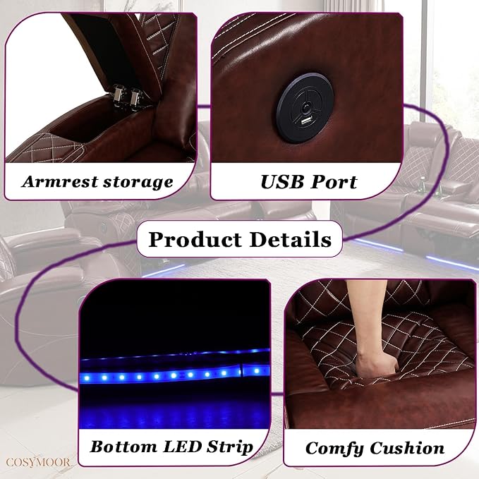 Power Recliner Sectional Sofa Set with LED, Luxury Breathing Leather Sectional Reclining Corner Couch Set, L-Shaped Sofa Couch Set with Cup Holders/Storage for Living Room
