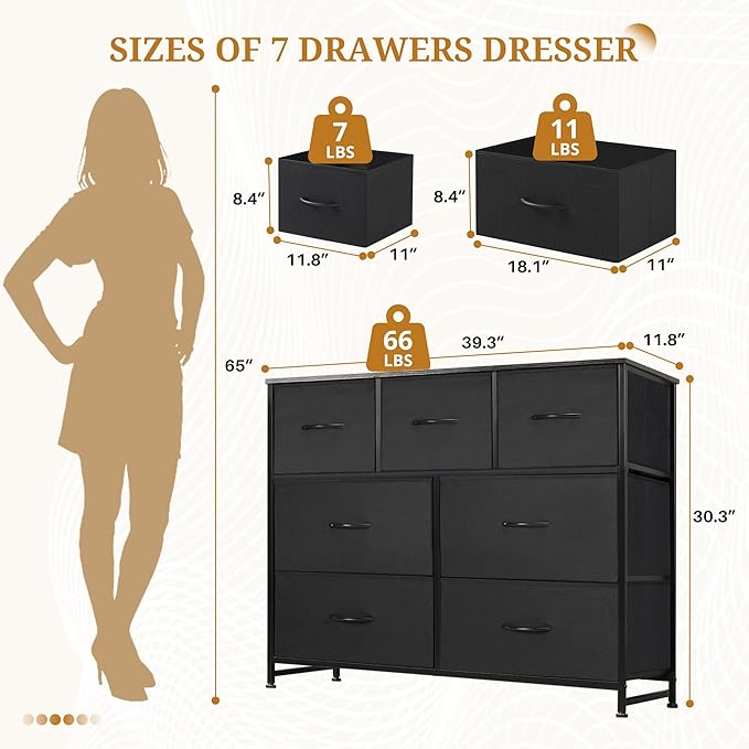 Dresser with 7 Drawers for Bedroom, Fabric Clothes Cabinet for Closet, Anti-Tip Storage Dresser with Metal Frame for Living Room, Entryway, Dorm, Black