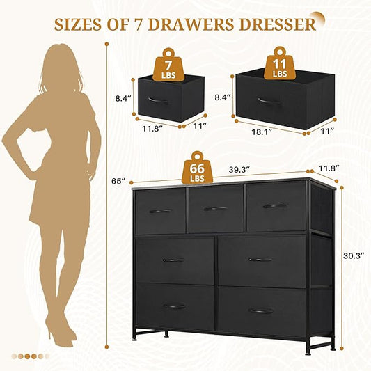 Dresser with 7 Drawers for Bedroom, Fabric Clothes Cabinet for Closet, Anti-Tip Storage Dresser with Metal Frame for Living Room, Entryway, Dorm, Black