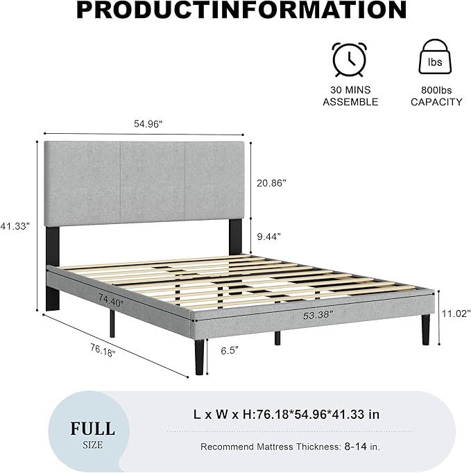 Full Size Bed Frame with Upholstered Headboard, Sturdy Wood Slats, No Box Spring Required, Silent, Easy Assembly,Gray