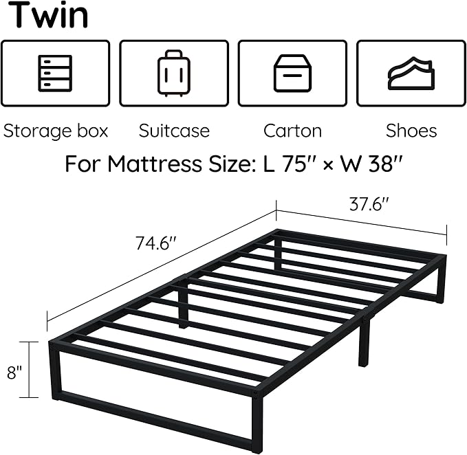 8 Inch Twin Bed Frames, Metal Platform Mattress Foundation with Steel Slat Support, No Box Spring Needed, Easy Assembly, Black