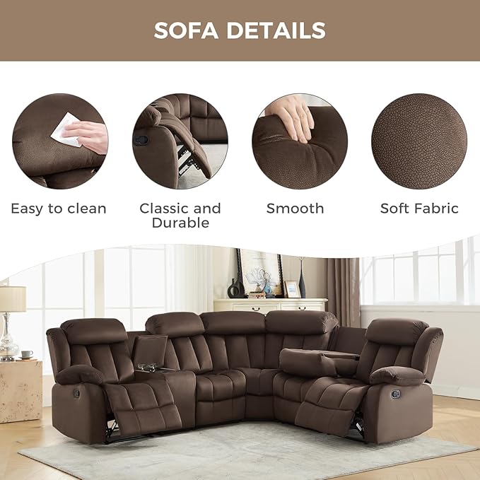 EBELLO Manual Reclining L-Shaped Sectional Sofa Set, Soft Fabric Corner Couch with Center Console, Cup Holders and Storage – Perfect Living Room Home Set Furniture(Sectional+Chair)