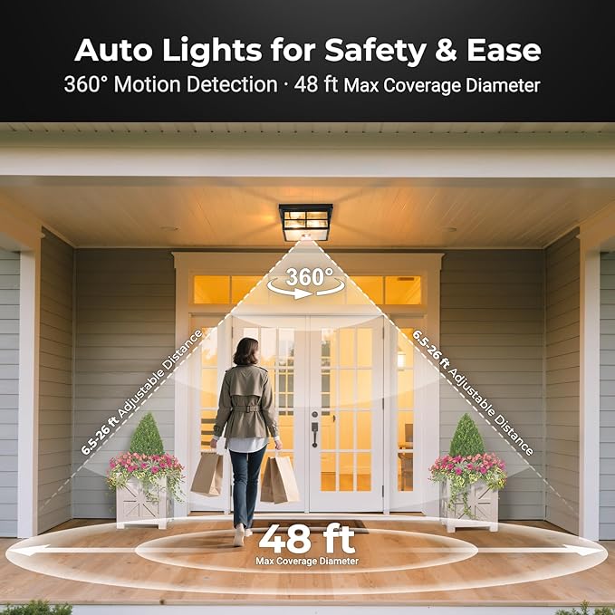 VIANIS Motion Sensor Outdoor Ceiling Light with Remote Control, 2-Light Black Modern Outdoor Flush Mount Light for Garage, Porch, Entryway, Square, Upgraded 5 Lighting Modes Adjustable Distance Time